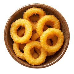 Crispy fried onion rings in a wooden bowl isolated on transparent background