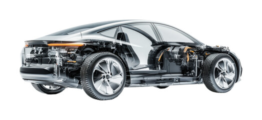 Innovative design of an electric vehicle showcasing its internal components for automotive education and technology presentations, cut out