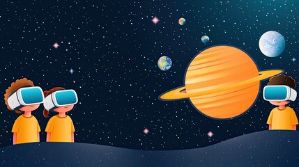 Naklejka premium Augmented Reality and Virtual Reality in Education merging cartoon minimalism with students using VR headsets to take a virtual field trip to space, exploring planets in an interactive way.