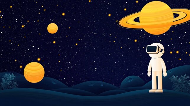 Augmented Reality and Virtual Reality in Education merging cartoon minimalism with students using VR headsets to take a virtual field trip to space, exploring planets in an interactive way.