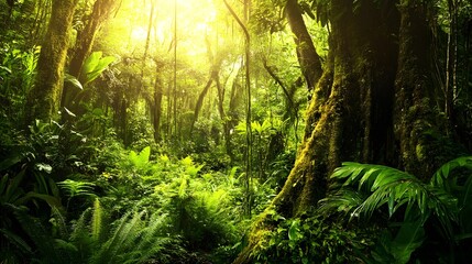 Fototapeta premium Breathtaking natural landscape showcasing the verdant beauty of a lush rainforest featuring a captivating blend of trees plants grass and ferns illuminated by a cinematic