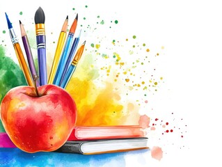 Creative school supplies watercolor art class room educational tools bright environment artistic perspective learning concept