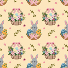 A simple Easter pattern in a flat style with bunnies, eggs and flowers arranged in a repeating design. Background for textiles, fabrics, cotton fabric, covers, wallpaper, print, gift wrapping, cards.