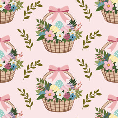 A simple Easter pattern in a flat style with basket, eggs and flowers arranged in a repeating design. Background for textiles, fabrics, cotton fabric, covers, wallpaper, print, gift wrapping, cards.