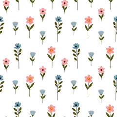 Simple floral pattern features evenly spaced, delicate flowers in soft pastel colors on a light, neutral background. For textiles, cotton fabric, covers, wallpaper, print, postcard, scrapbooking.