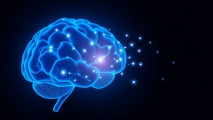 Glowing blue brain with neural connections symbolizing artificial intelligence, data science, deep learning, neural networks, and futuristic technology