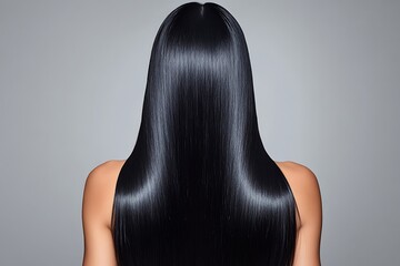 Ultra-realistic back view portrait of an Asian woman with incredibly long, glossy black hair.