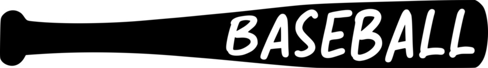 Simple black baseball bat graphic with the word ‘BASEBALL’ across it in comic transparent lettering.