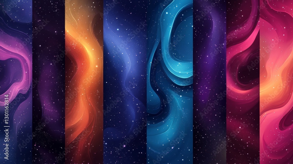 Poster abstract cosmic space background design with a collection of colorful nebulae.