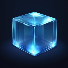 Glowing blue glass cube on dark background.
