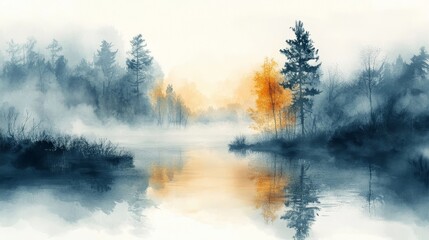 Fototapeta premium misty landscape with trees and water reflection.