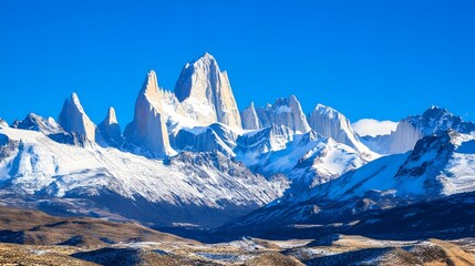 Naklejka premium Majestic gray snowcapped mountain peaks piercing the serene and tranquil Patagonian sky creating a dramatic and cinematic landscape This contemporary