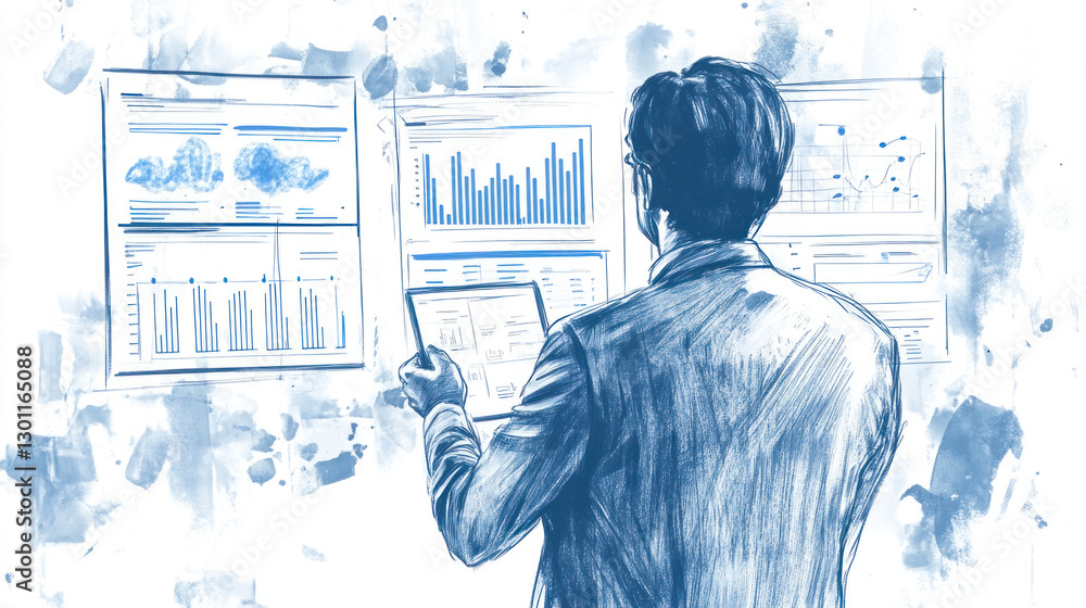 Poster businessman analyzing marketing data using digital tablet and large interactive screens