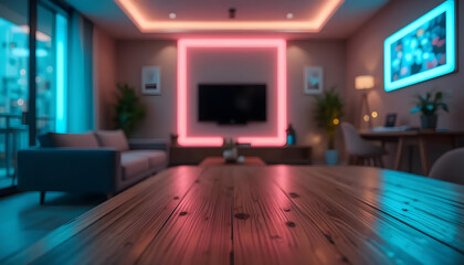 A Serene Evening In A Modern Living Room Bathed In The Soft Glow Of Pink And Teal Led Lights, Reflecting On A Polished Wooden Table