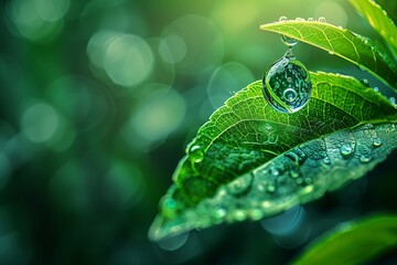 Close-up of a vibrant green leaf with water droplets, showcasing nature's beauty and freshness.