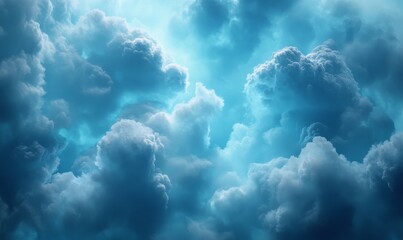 a view of the sky filled with thick, fluffy clouds in shades of blue and white.