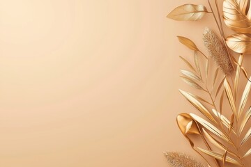 Floating gold botanical elements arranged with precision over a soft matte peach background