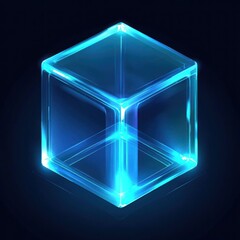 Glowing blue glass cube on dark background.