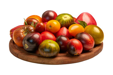 Multicolored tomatoes: red, yellow, orange, green on round wooden board on transparent background. Close-up view from the side
