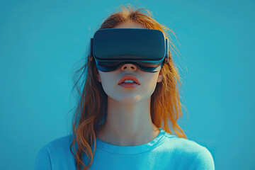 Futuristic woman exploring virtual reality with headset in vibrant blue setting
