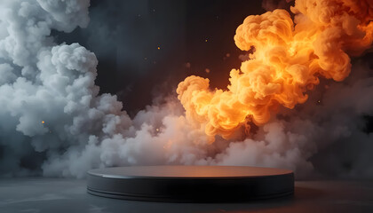 A Dramatic Clash Of Fiery Orange And Ethereal Grey Smoke Swirls Around A Dark Circular Platform, Creating A Mystical And Powerful Scene With Subtle Lighting Effects