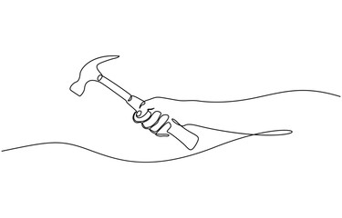 Obraz premium Continuous one line drawing of hammer. One line of hammer, Hammer in hand as one line drawing banner. Continuous hand drawn minimalist minimalism design.