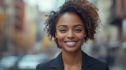 A confident young African American woman smiles in a bustling city, exuding happiness.