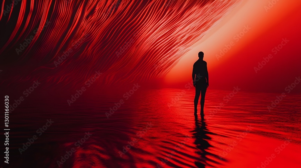 Poster captivating abstract image showcasing dramatic ripples and flowing patterns across a vivid red liqui
