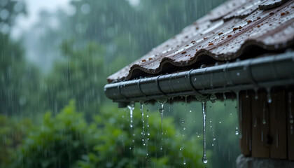 Tranquil Rain Cascading From A Weathered Roof, A Soothing Symphony Of Natures Rhythm In A Lush Green Landscape