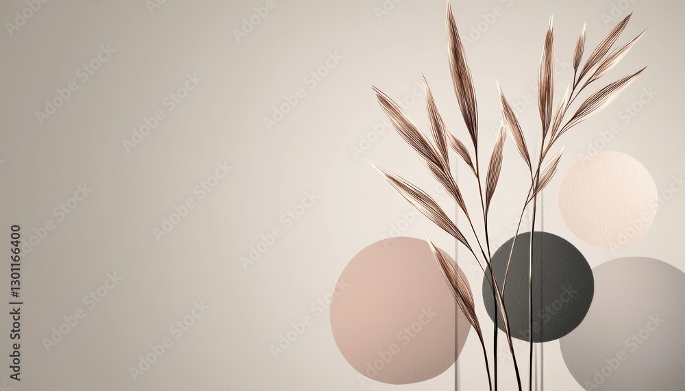 Aufkleber a minimalist arrangement featuring dried grasses against a soft backdrop with circular shapes, creat