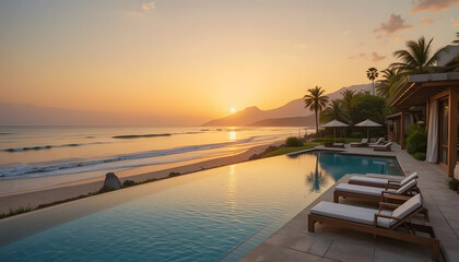 Tranquil Sunset Beachfront Paradise With An Infinity Pool, Inviting Lounge Chairs, And A Luxurious Villa Showcasing Breathtaking Ocean Views