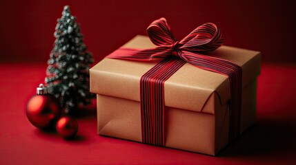 Obraz premium A craft envelope tied with a striped ribbon and a tree toy, isolated on a red background.