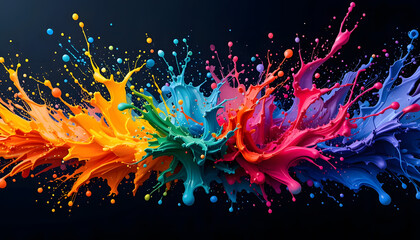A Vibrant Explosion Of Rainbow Paint Celebrating Creativity And Joy Against A Dark Background With Dynamic Splashes And Vibrant Colors