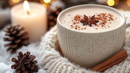 Fototapeta premium A cup of hot chocolate with cinnamon, anise, a candle, pine cone, snowflakes, and a scarf create a cozy winter scene.