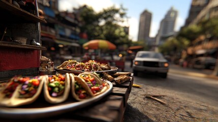 Street food tacos, urban setting, bustling market, city background