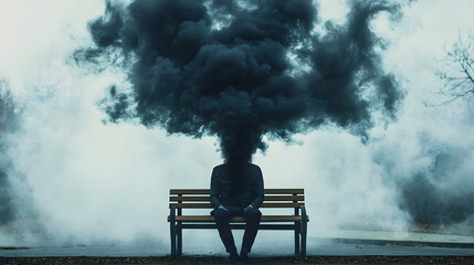 Surreal image depicting a man sitting on a bench with dark smoke billowing from his head, symbolizing stress, information overload, burnout, and mental health challenges