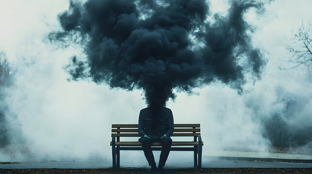 Surreal image depicting a man sitting on a bench with dark smoke billowing from his head, symbolizing stress, information overload, burnout, and mental health challenges