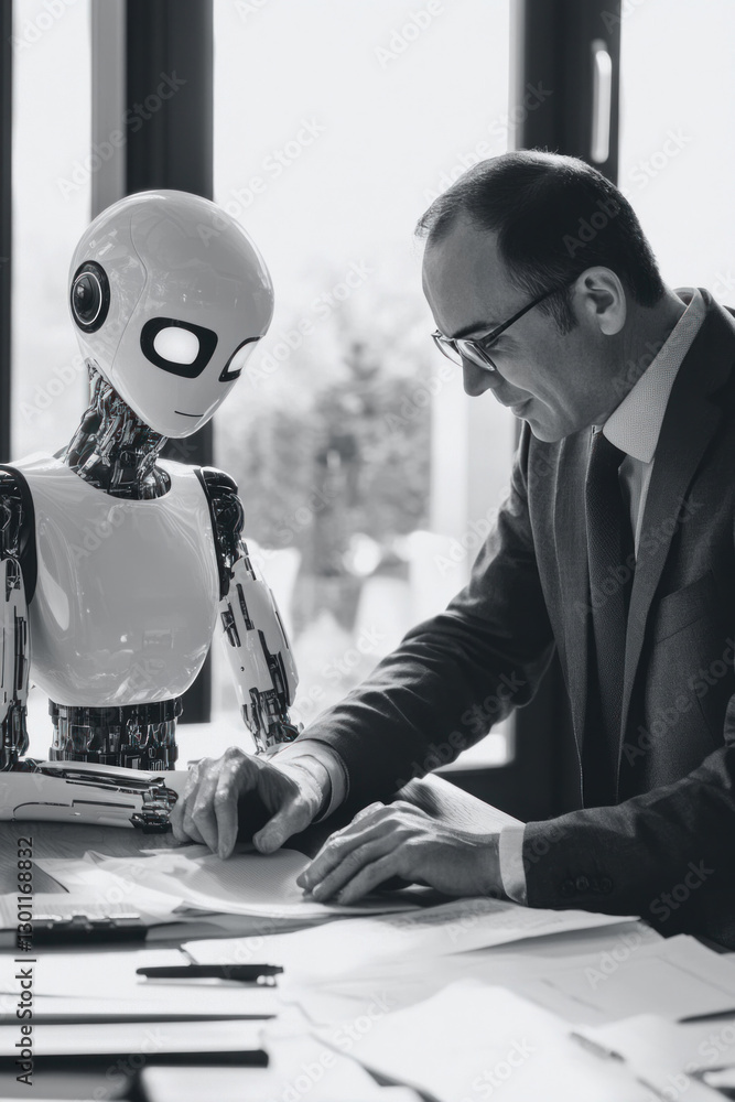 Poster businessman working with robot assistant analyzing documents in office