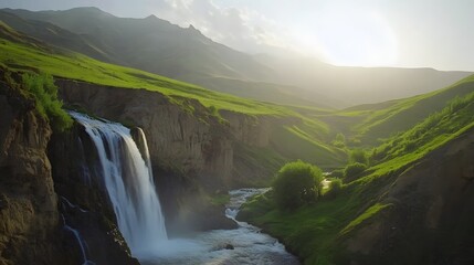 Breathtaking waterfalls flowing down a towering lush green mountainside surrounded by a serene and atmospheric environment created by contemporary cinematic lighting
