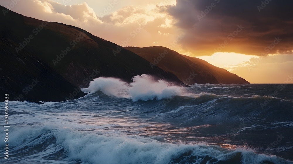 Aufkleber powerful waves crash dramatically against the rugged coastal cliffs creating a stunning display of n