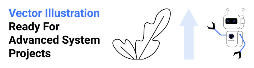 Minimalist robot with raised arms next to upward arrow and abstract leaf shape symbolizing growth, efficiency, and advanced futuristic concepts. Ideal for automation, AI, tech innovation, creative