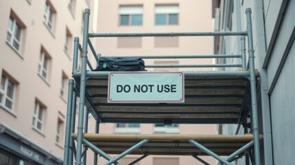 Fototapeta premium Scaffolding with 'Do Not Use' sign, indicating construction safety measures in an urban setting.