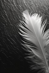 Obraz premium Elegant white feather resting against a textured black background, showcasing delicate details and contrast.