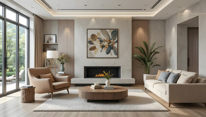 A Serene Living Room Bathed In Soft, Natural Light, Featuring A Neutral Color Palette, Plush Seating, And A Large Abstract Floral Artwork Above A Modern Fireplace, Creating A Tranquil And Elegant Atmo