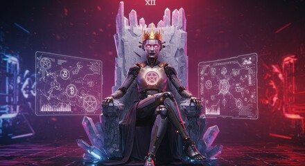 Obraz premium Cybernetic Queen of Pentacles Tarot Card: Regal Bionic Empress