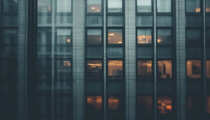 Rainy Night Cityscape: Illuminated Office Building Windows