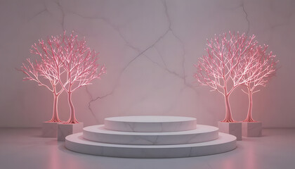 Serene Pink Illuminated Trees Flanking A Minimalist Circular Platform In A Tranquil Marble Setting