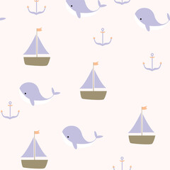 A seamless nautical pattern featuring adorable whales, sailboats, and anchors in soft pastel colors, perfect for kids designs, wallpapers, and fabrics. 