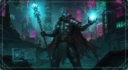 Obraz premium King of Wands Tarot Card Featuring a Cyber Warrior in a Dark Future
