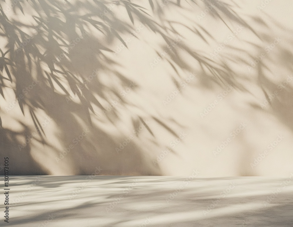 Poster shadow dance: leaves casting shadows on a blank background, creating an intriguing display of light 